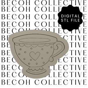 Puede incluir: Una taza de té gris impresa en 3D con un diseño de corazón y lunares. La taza de té es un archivo STL digital.