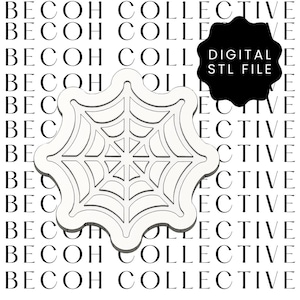 May include: A white spiderweb design with a scalloped edge. The image includes the text "DIGITAL STL FILE" on a black shape. The background features the repeated text "BECOH COLLECTIVE" in black.
