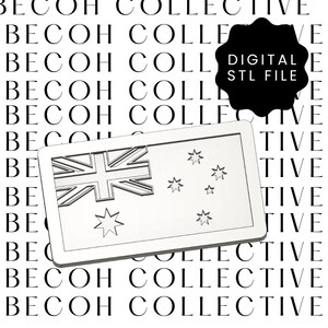 Puede incluir: Un archivo STL digital con un diseño rectangular con la bandera australiana. El diseño incluye la Union Jack, estrellas y un borde blanco. El fondo es un patrón repetido del texto "BECOH COLLECTIVE".