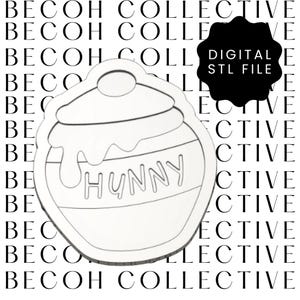 Puede incluir: Archivo STL digital blanco de un tarro de miel con la palabra "HUNNY". El tarro de miel tiene una tapa y detalles de miel goteando. El archivo está etiquetado como "DIGITAL STL FILE" en una forma negra.