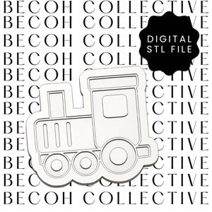 Puede incluir: Un archivo STL digital blanco con forma de tren. El tren tiene una cabina rectangular con una ventana, tres ruedas y una chimenea. El fondo presenta el texto "BECOH COLLECTIVE" en un patrón repetido, con una forma negra que dice "DIGITAL STL FILE".