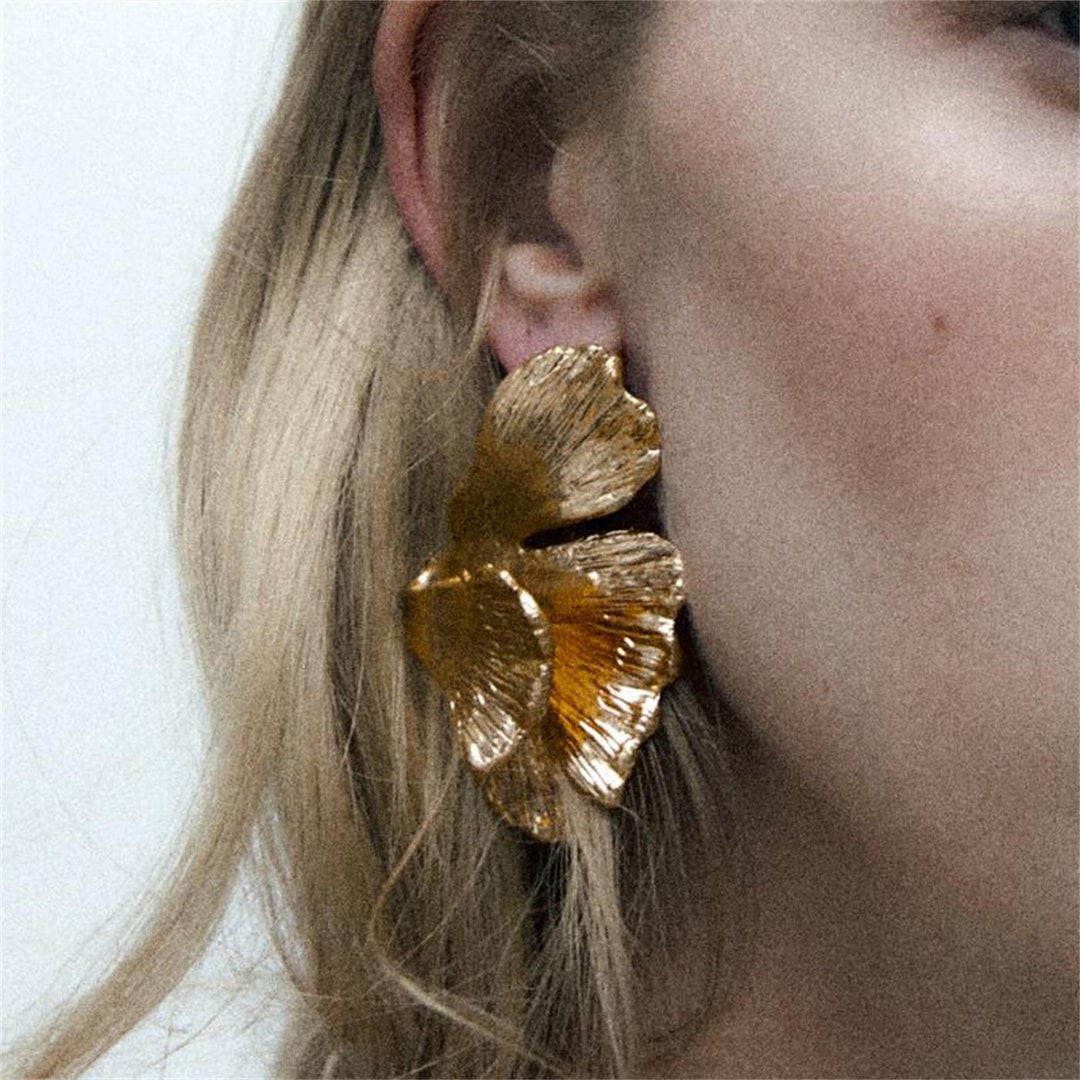 18K Gold Ginkgo Leaf Earrings,exaggerated Multilayer Floral Stud ...