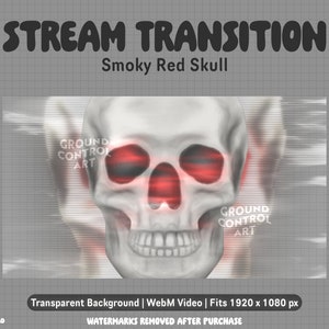 May include: A digital video transition effect featuring a white skull with red glowing eyes against a gray and white background with a grid pattern. The text "STREAM TRANSITION" and "Smoky Red Skull" is displayed above the skull. The text "GROUND CONTROL ART" appears in the top left and bottom right corners of the image.