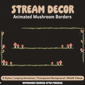 Sovrapposizione animata di funghi muschiosi / Animazione livestream trasparente / Decorazione flusso Twitch / Bordi stravaganti della foresta di funghi selvatici rossi