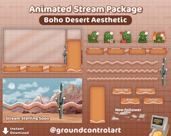 Boho Desert Twitch Stream Overlay Pack | Animated Twitch Overlay Live Stream Package | Cute Cactus Hippy Boho Aesthetic Streamer Graphics