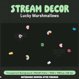 Könnte beinhalten: Animierter Stream-Dekor mit bunten Marshmallow-förmigen Objekten, darunter Herzen, Regenbögen und eine blaue Wolke. Der Text "STREAM DECOR" und "Lucky Marshmallows" wird in grüner Schrift angezeigt. Der Text "GROUND CONTROL ART" erscheint oben links und unten rechts im Bild.