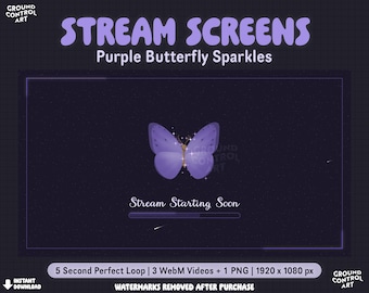 Purple Butterfly Sparkling Stream Screens | Animated Stream Starting Soon | Cute Butterfly Sparkle Livestream | Magical Glitter Purple Glow