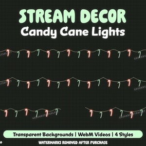 Op de afbeelding: Een snoer met snoepstokverlichting met rode en groene lampjes. De lampjes zijn aan een wit snoer bevestigd en hangen in een golvend patroon. De achtergrond is zwart met een rasterpatroon. De tekst "STREAM DECOR Candy Cane Lights" staat bovenaan de afbeelding. De tekst "Transparent Backgrounds | WebM Videos | 4 Styles" staat onderaan de afbeelding.