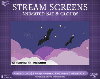 Stream Screens | Animated Bats and Clouds Livestream Screens | Spooky Halloween Horror Twitch Starting Soon, Etc. | Purple Clouds and Stars
