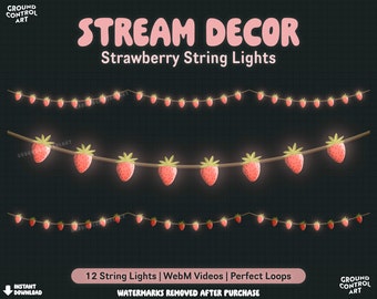 Red Strawberries String Lights Animated Stream Decor | Livestream Decoration | Glowing Loop Twitch Overlay | Cute Strawberry Fruit Lights