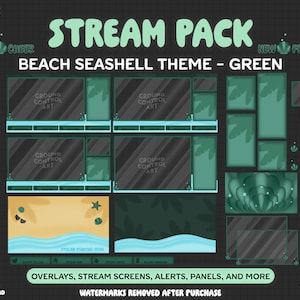 May include: A green and black beach seashell themed Twitch stream pack with overlays, stream screens, alerts, panels, and more. The pack includes a variety of elements, such as a new follower alert, a new cheer alert, a tip jar, a subscribe button, and more. The pack also includes a beach scene with a seashell, sunglasses, and a starfish.