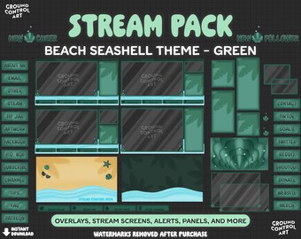 Green Beach Seashell Stream Pack | Animated Livestream Overlay Pack | Tropical Ocean Mermaid | Twitch Cute Beachy Waves Bubbles Sandy Leaves