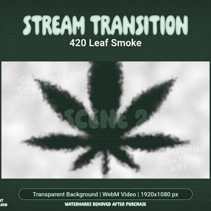 Puede incluir: Gráfico digital con una hoja de cannabis oscura formada por humo sobre un fondo blanco. Los textos "STREAM TRANSITION" y "420 Leaf Smoke" están en la parte superior. El texto inferior dice "Transparent Background | WebM Video | 1920x1080 px".