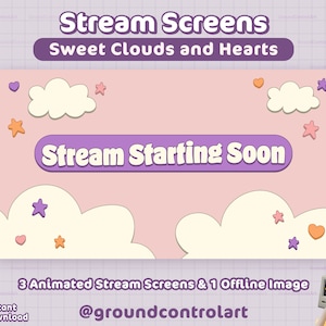 Sweet Clouds and Hearts Animated Stream Screens | Twitch OBS Streaming | Starting Soon, Be Right Back, Ending Soon, Offline | Pink & Purple