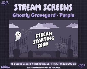 Ghostly Graveyard Stream Screens | Animated Ghost Twitch Livestream Starting Soon | Spooky Halloween Horror | Cute Purple Cemetery Tombstone