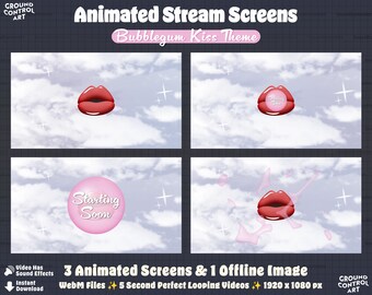 Bubblegum Kiss Animated Stream Screens | Twitch OBS Streaming | Starting Soon, Taking a Break, Ending Soon, Offline | Cute Girly Pink Theme