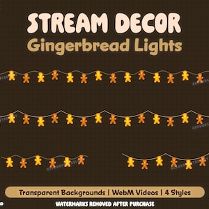 Op de afbeelding: Een digitale illustratie van een reeks gingerbread man-lichtjes. De lichtjes zijn aan een wit snoer bevestigd en zijn in een rij gerangschikt. De gingerbread men zijn bruin en geel en hebben een glimlachend gezicht. De achtergrond is een donkerbruin raster.