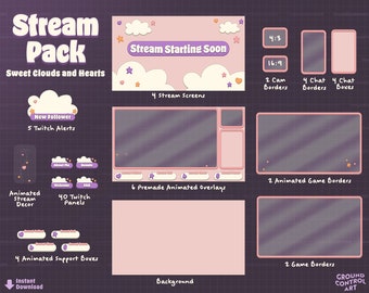Sweet Clouds and Hearts Twitch Stream Overlay Pack | Animated Twitch Livestream Design | Stream Alerts, Overlays, Panels, Screens & More