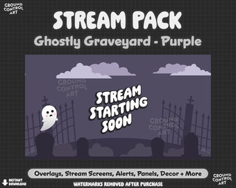 Purple Ghostly Graveyard Stream Pack | Animated Livestream Overlay Pack | Spooky Halloween Horror | Twitch Cute Cemetery RIP Tombstone