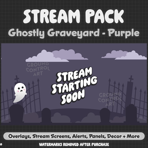 Purple Ghostly Graveyard Stream Pack | Animated Livestream Overlay Pack | Spooky Halloween Horror | Twitch Cute Cemetery RIP Tombstone