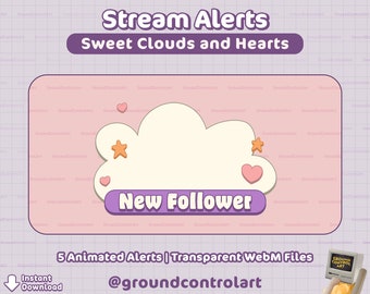 Twitch Stream Alerts | Sweet Clouds and Hearts | New Follower, Subscriber, Raid, Host, Donation, Cheer