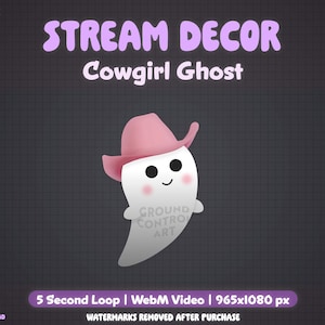 Peut inclure: GIF animé d'un fantôme blanc portant un chapeau de cow-boy rose. Le fantôme a un visage souriant avec des yeux noirs et un fard à joues rose. Le texte "STREAM DECOR Cowgirl Ghost" est au-dessus du fantôme. Le texte "5 Second Loop | WebM Video | 965x1080 px" est en dessous du fantôme. Le texte "WATERMARKS REMOVED AFTER PURCHASE" est en dessous du texte sur la vidéo.