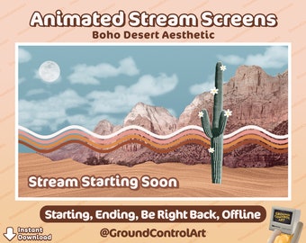 Boho Desert Animated Stream Screens | Twitch OBS Streaming | Starting Soon, Be Right Back, Ending Soon, Offline | Cute Girly Hippy Cactus