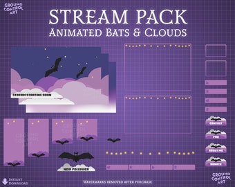 Animated Bats and Clouds Stream Pack | Spooky Halloween Horror Twitch Stream Overlay | Purple Pink Blue | Cute Girly Cartoon Aesthetic
