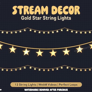 Op de afbeelding: Gouden ster-lichtjes, een digitale download voor streamers. 12 lichtjes, WebM-video's, perfecte lussen. Watermerken worden na aankoop verwijderd.
