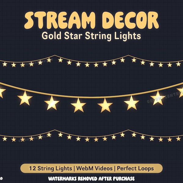 Décoration de flux animée de guirlandes lumineuses dorées | Décoration de diffusion en direct | boucle parfaite | Superposition Twitch | Décoration de ruisseau confortable étoiles célestes