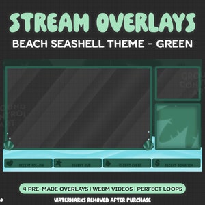 Puede incluir: Plantilla de superposición de transmisión de Twitch con temática de conchas marinas de playa verde y azul con un área rectangular grande para la transmisión de video principal, áreas más pequeñas para seguidores recientes, suscripciones, vítores y donaciones, y el texto "GROUND CONTROL ART" en la parte superior e inferior de la superposición.