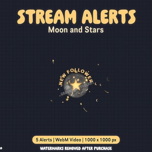 Moon and Star Stream Alerts | Animated Livestream New Follower Alert Twitch | Gold Crescent Celestial Moon Theme | Mystical Space Alerts