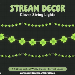 Puede incluir: Animación de luces de cadena de trébol verde para streaming. 12 luces de cadena, videos WebM, bucles perfectos. Marcas de agua eliminadas después de la compra.