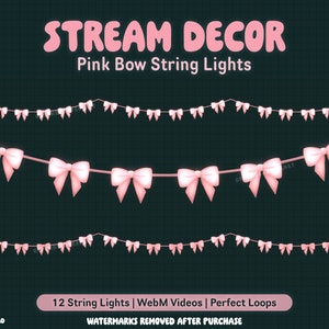 Könnte beinhalten: Rosa Schleifen-Lichterkette mit 12 Lichtern. Die Lichter sind mit einem weißen Kabel verbunden und haben die Form von Schleifen. Das Bild enthält den Text "STREAM DECOR" und "Pink Bow String Lights".