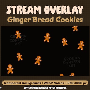 Peut inclure: Un fond noir avec un overlay de diffusion en direct représentant des biscuits en pain d'épices. Le texte "STREAM OVERLAY" et "Ginger Bread Cookies" est affiché en brun clair. Le texte "GROUND CONTROL ART" est affiché en blanc sur fond noir.