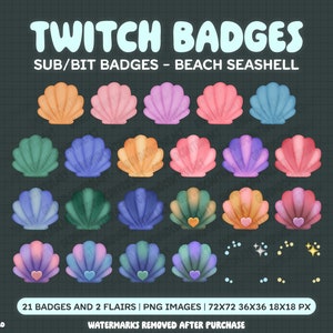 May include: A set of 21 Twitch badges and 2 flairs featuring seashells in various colours, including pink, blue, green, and orange. The badges are in different sizes, with the largest being 72x72 pixels and the smallest being 18x18 pixels. The text "TWITCH BADGES" is at the top of the image, and the text "SUB/BIT BADGES - BEACH SEASHELL" is below it.