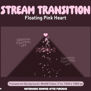 May include: A pink heart floats down a dark background with a grid pattern. The heart is surrounded by smaller pink hearts and white stars. The text "STREAM TRANSITION" is at the top of the image, and the text "Floating Pink Heart" is below it. The text "GROUND CONTROL ART" appears in the corners of the image.