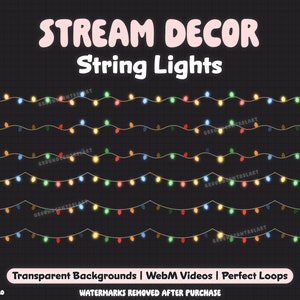 Peut inclure: Quatre rangées de lumières de chaîne colorées sur un fond noir. Le texte "STREAM DECOR String Lights" est en haut de l'image.