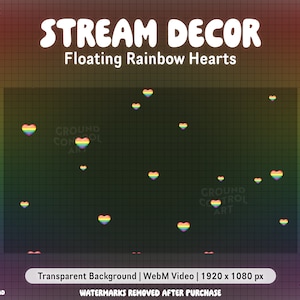 Puede incluir: Una animación digital de corazones arcoíris flotando sobre un fondo cuadriculado. El texto "STREAM DECOR" y "Floating Rainbow Hearts" está en la parte superior de la imagen. El texto "Transparent Background | WebM Video | 1920 x 1080 px" está en la parte inferior de la imagen.