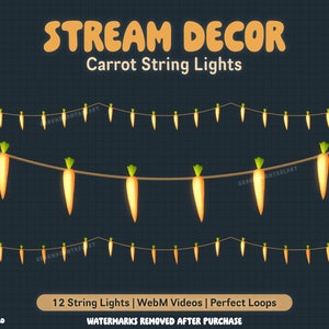 May include: A set of 12 carrot string lights, perfect for adding a festive touch to your stream decor. The lights are strung on a brown wire and each carrot has a warm glow. The image includes the text "STREAM DECOR Carrot String Lights" and "12 String Lights | WebM Videos | Perfect Loops".