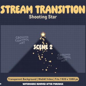 May include: A digital video transition effect with a shooting star animation. The transition is for use in streaming videos and has a transparent background. The text "SCENE 2" is displayed in the center of the animation.