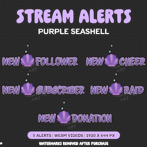May include: Five purple seashell stream alerts for Twitch or YouTube. The alerts are for new followers, subscribers, cheers, raids, and donations. The alerts are 1920 x 644 pixels.