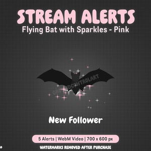 Peut inclure: Alerte de flux animée avec une chauve-souris noire avec des paillettes roses volant sur un fond gris foncé. Le texte "STREAM ALERTS" et "Flying Bat with Sparkles - Pink" est en rose. Le texte "New Follower" est également en rose. Le texte "5 Alerts | WebM Video | 700 x 600 px" est en blanc. Le texte "WATERMARKS REMOVED AFTER PURCHASE" est en blanc. Le texte "GROUND CONTROL ART" est en blanc.
