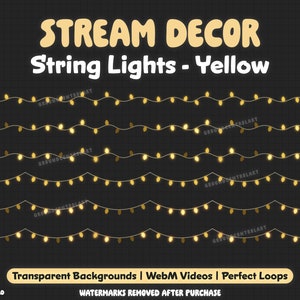 May include: Four rows of yellow string lights on a black background. The text "STREAM DECOR String Lights - Yellow" is at the top of the image.