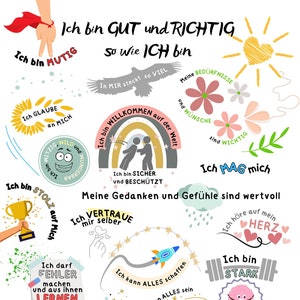 Könnte beinhalten: Ein farbenfrohes Poster mit positiven Affirmationen auf Deutsch. Das Poster zeigt Illustrationen von einem Regenbogen, einer Rakete, einem Herzen, einer Sonne, einer Trophäe, einer Glühbirne, einem Gehirn und einem Fußabdruck. Der Text auf dem Poster beinhaltet Sätze wie "Ich bin mutig" (Ich bin mutig), "Ich bin stolz auf mich" (Ich bin stolz auf mich) und "Ich bin gut und richtig" (Ich bin gut und richtig).