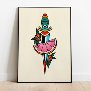 Daga de pomelo Flores Tatuaje tradicional americano Impresión de pared Arte Decoración digital Descargar múltiples tamaños