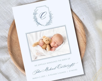 Baby Boy Birth Announcement | Elegant Crest Design | Baby Pictures | Recipient and Return Addressing Option