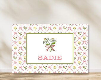 Personalized Watercolor Daisy Floral Laminated Placemat - 11"x17" | Double Sided with Traceable Name & Alphabet | Coloring Option