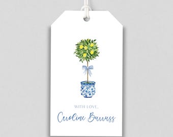Blue & White Chinoiserie Topiary Personalized Gift Tags | Green Gingham Back | 2.375"x4" Rectangular Tags | Gift Tags for Yourself or a Gift