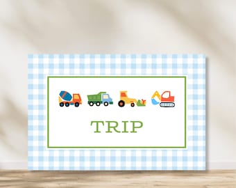 Personalized Boy Trucks Laminated Placemat - 11"x17" | Double Sided with Traceable Name & Alphabet | Coloring Option